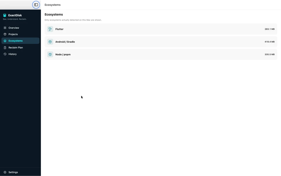 Detected Flutter, Android / Gradle and Node / pnpm ecosystems with their observed storage totals.