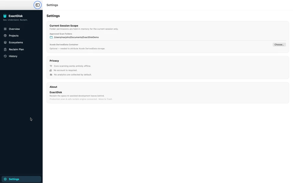 Settings showing the approved demo scan folder, offline core scanning, no account requirement and no analytics collected by default.