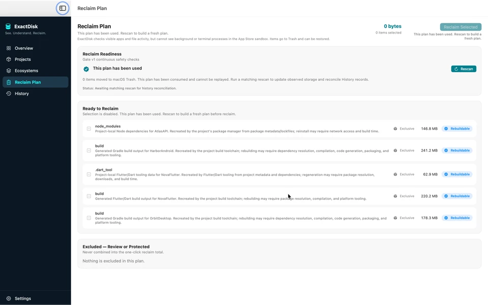 A consumed reclaim plan with selection disabled and a rescan action to build a fresh plan.